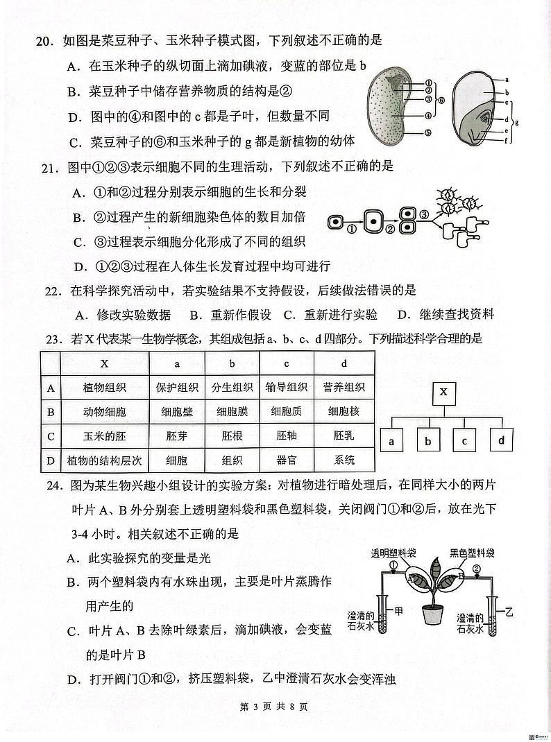 福建省泉州市丰泽区2023-2024学年七年级上学期期末学业质量监测生物试卷第3页