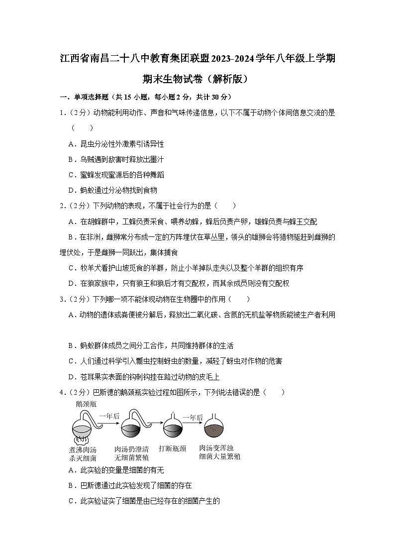 江西省南昌二十八中教育集团联盟2023-2024学年八年级上学期期末生物试卷01