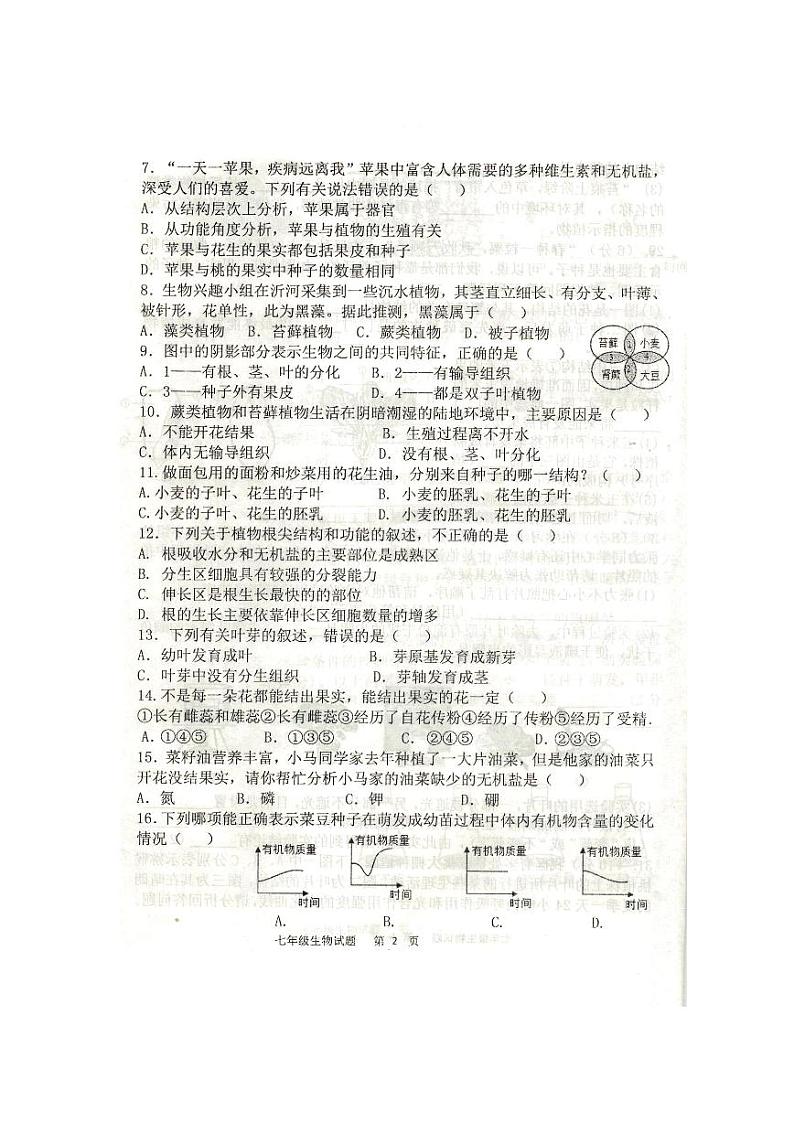 山东省临沂市经济技术开发区2023-2024学年度上学期七年级生物期末质量检测第2页