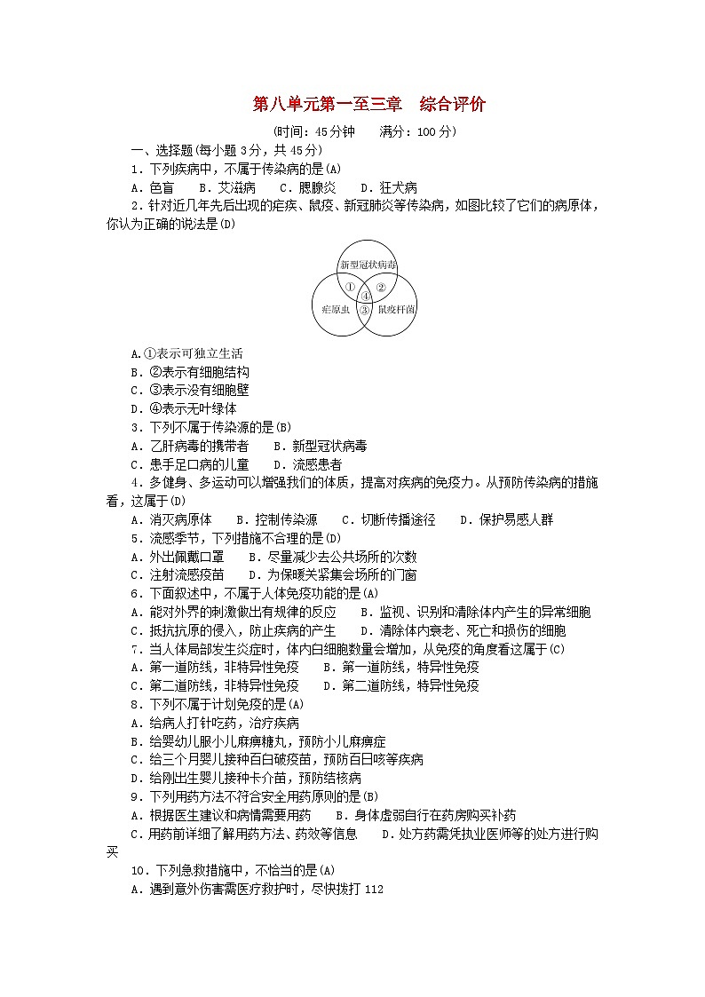 2024八年级生物下册第八单元健康地生活第一至三章综合评价试卷（人教版）第1页