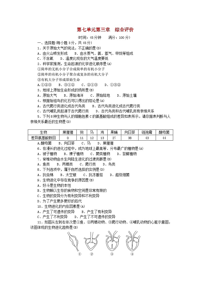 2024八年级生物下册第七单元生物圈中生命的延续和发展第三章综合评价试卷（人教版）01