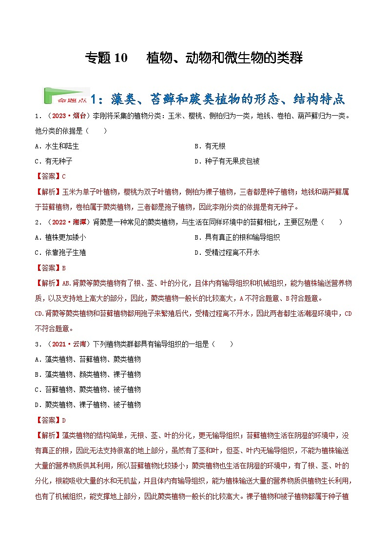 【备战2024中考】一轮复习 初中生物 真题分项汇编 专题10 植物、动物和微生物类群（原卷+解析）.zip01