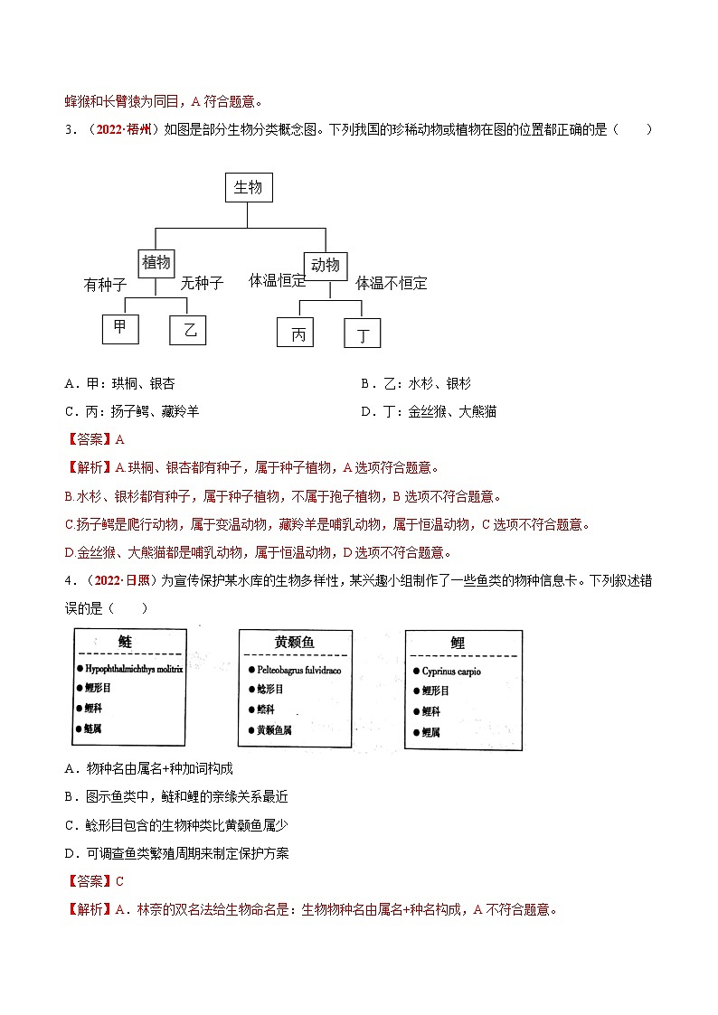 【备战2024中考】一轮复习 初中生物 真题分项汇编 专题11 生物的分类、进化和多样性保护（原卷+解析）.zip02