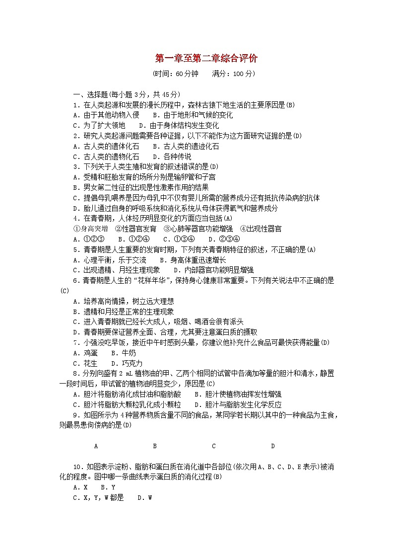 2024七年级生物下册第四单元生物圈中的人第一二章综合评价试卷（附答案人教版）01