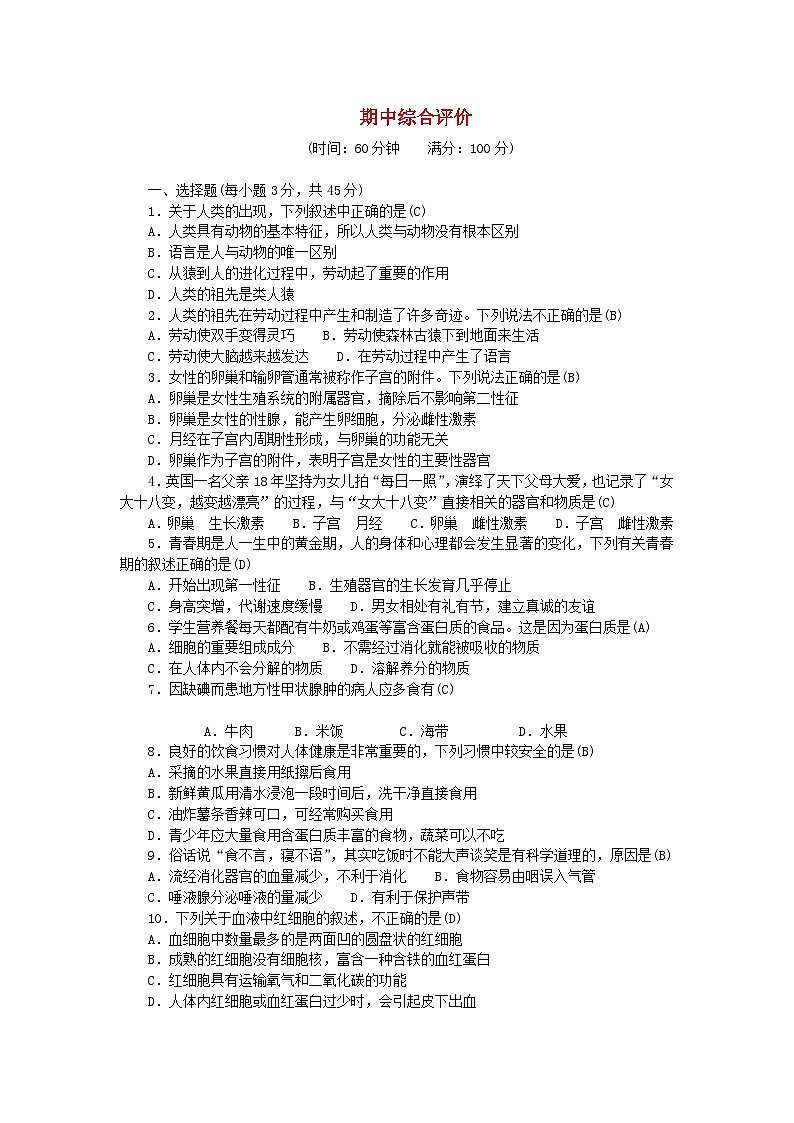 2024七年级生物下学期期中综合评价试卷（附答案人教版）第1页