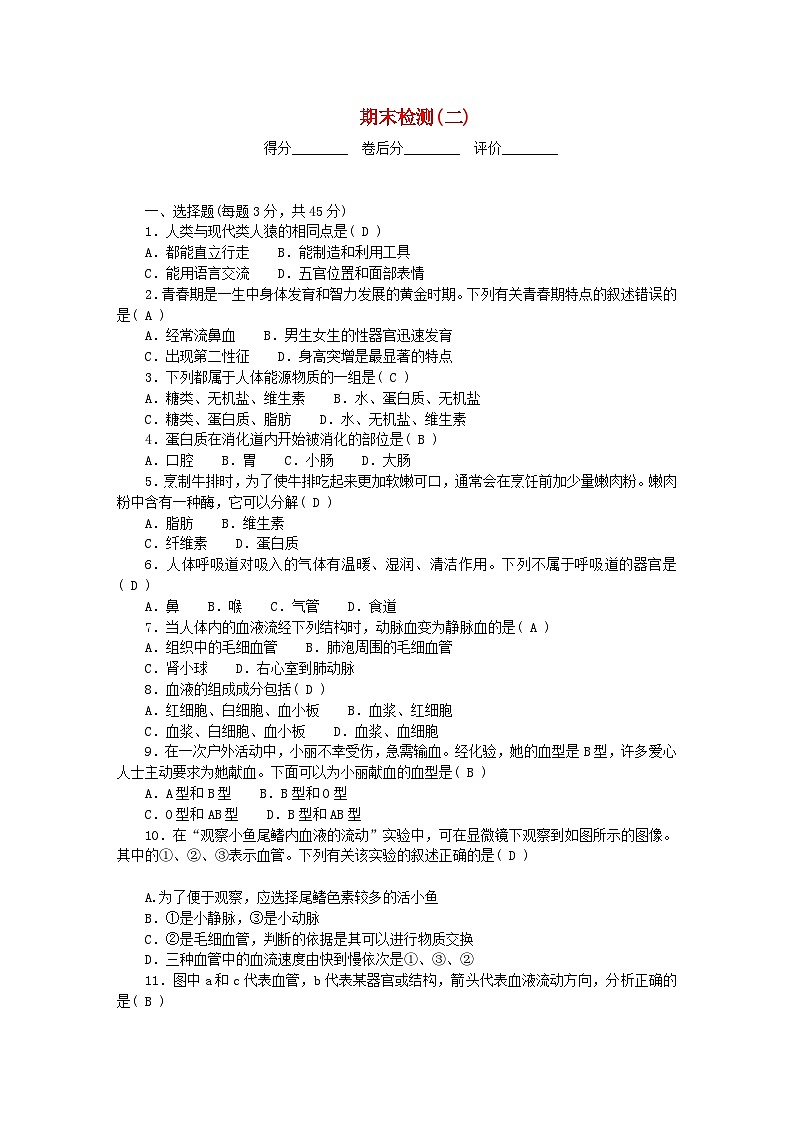 2024七年级生物下学期期末检测试卷二（附答案人教版）01