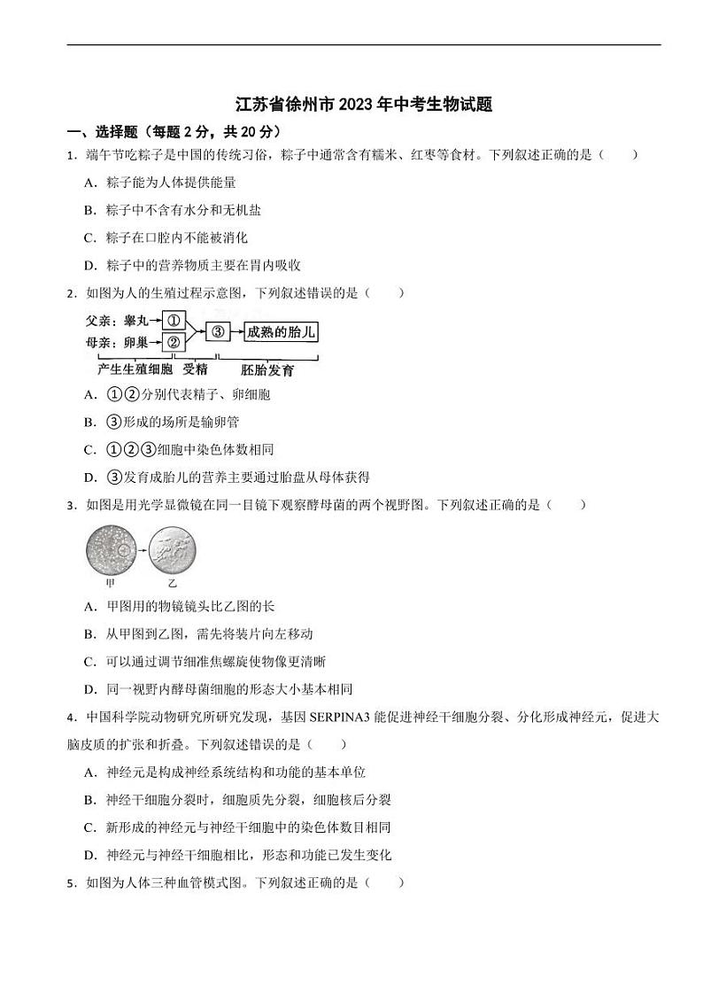 江苏省徐州市2023年中考生物试题附参考答案01