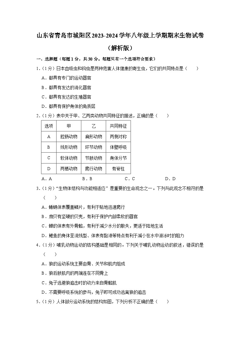 62，山东省青岛市城阳区2023-2024学年八年级上学期期末生物试卷01