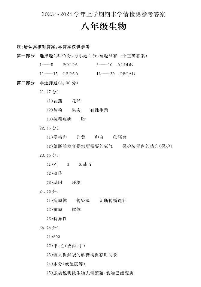 67，河南省平顶山市郏县2023-2024学年八年级上学期期末生物试题01