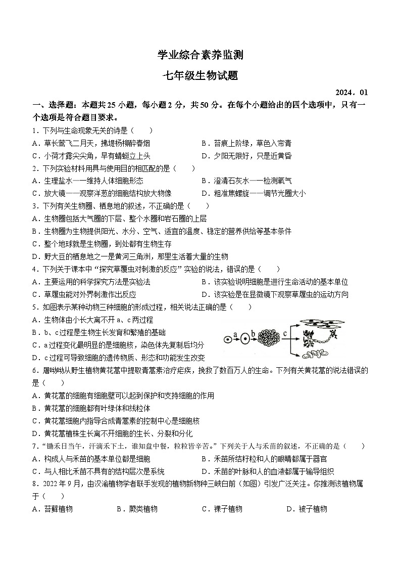 42，山东省枣庄市薛城区2023-2024学年七年级上学期期末考试生物试题01