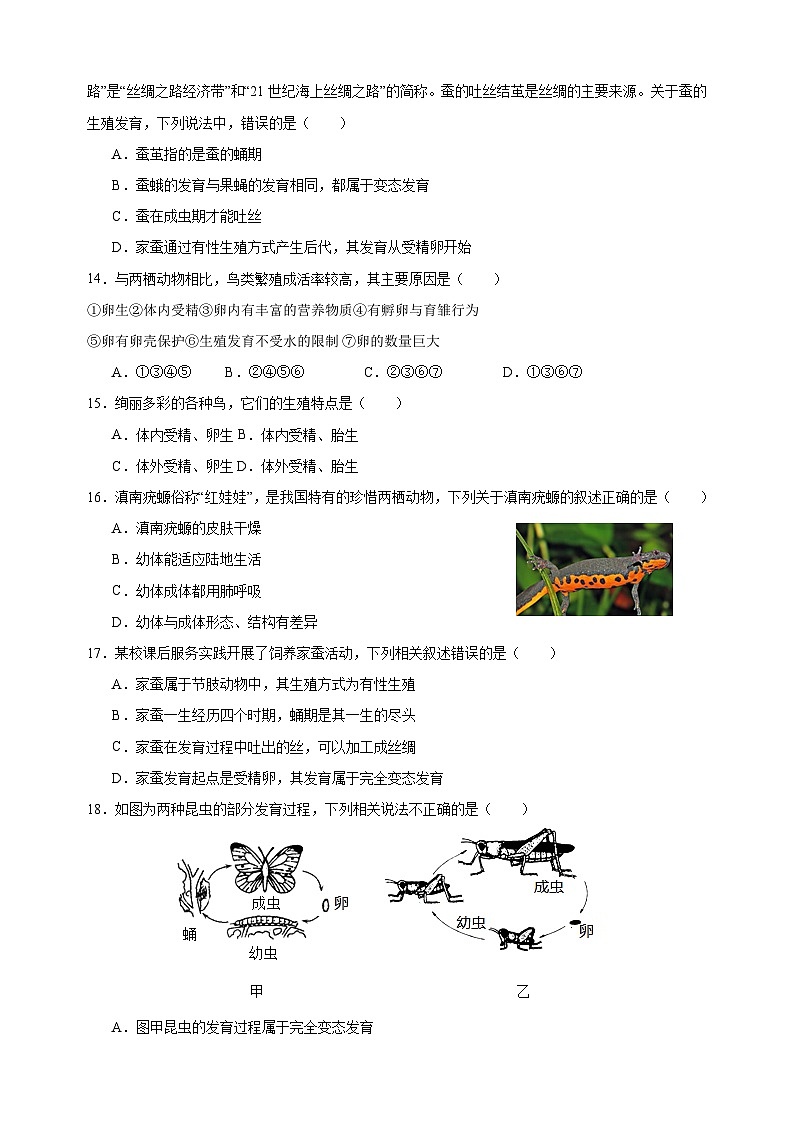 2023-2024学年苏科版八年级上册生物第二十章《动物的生殖和发育》单元检测卷（含答案解析）03