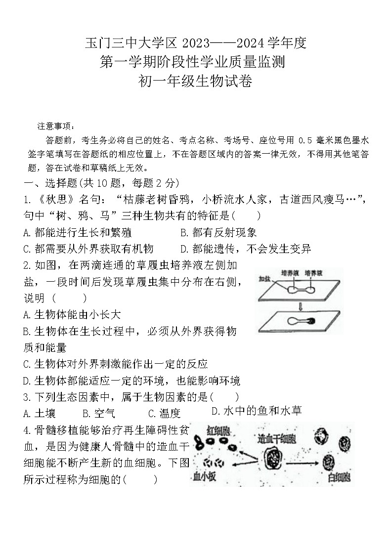 甘肃省酒泉市玉门市三中大学区2023-2024学年七年级上学期期末生物试题01