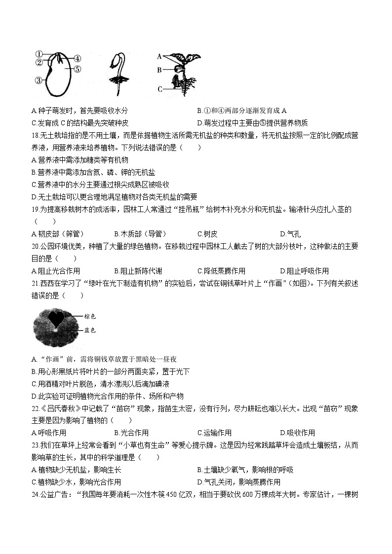 陕西省安康市石泉县2023-2024学年度七年级上学期期末考试生物试题03