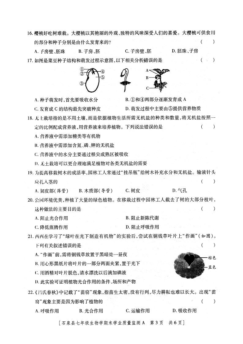 陕西省安康市石泉县2023-2024学年度七年级上学期期末考试生物试题03