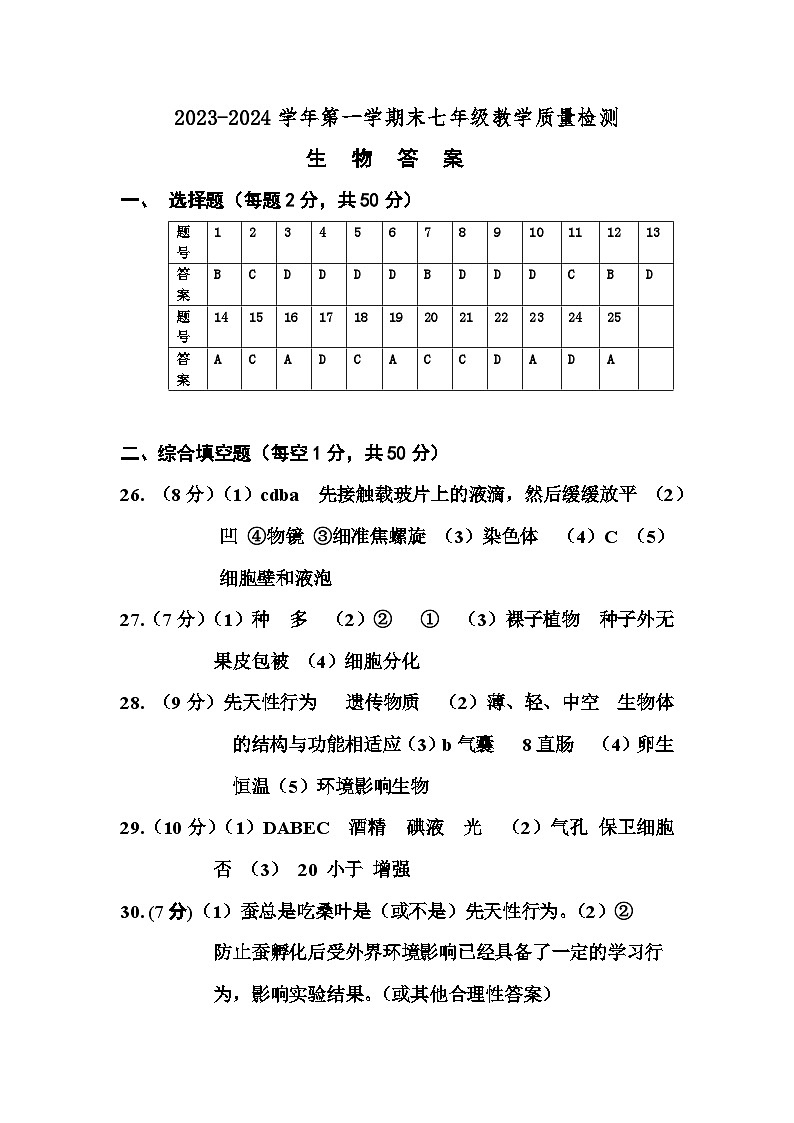 山东省德州市宁津县2023-2024学年七年级上学期期末考试生物试题01