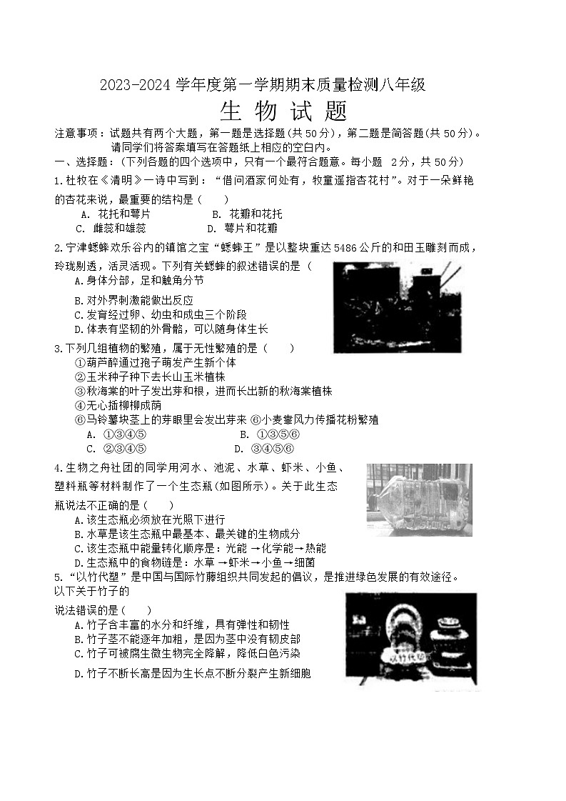 山东省乐陵市2023-2024学年八年级上学期期末考试生物试题第1页