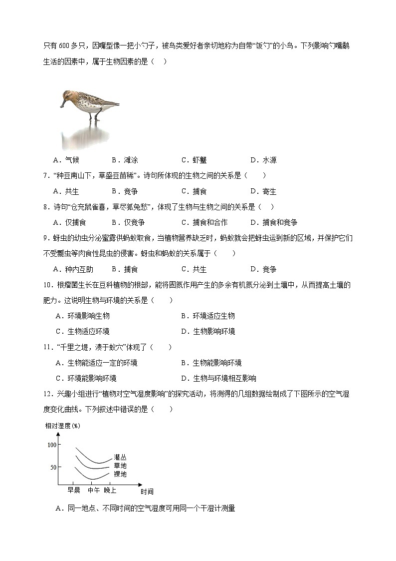 2023-2024学年苏科版七年级上册生物第2章《生物与环境》单元检测卷（含答案解析）02