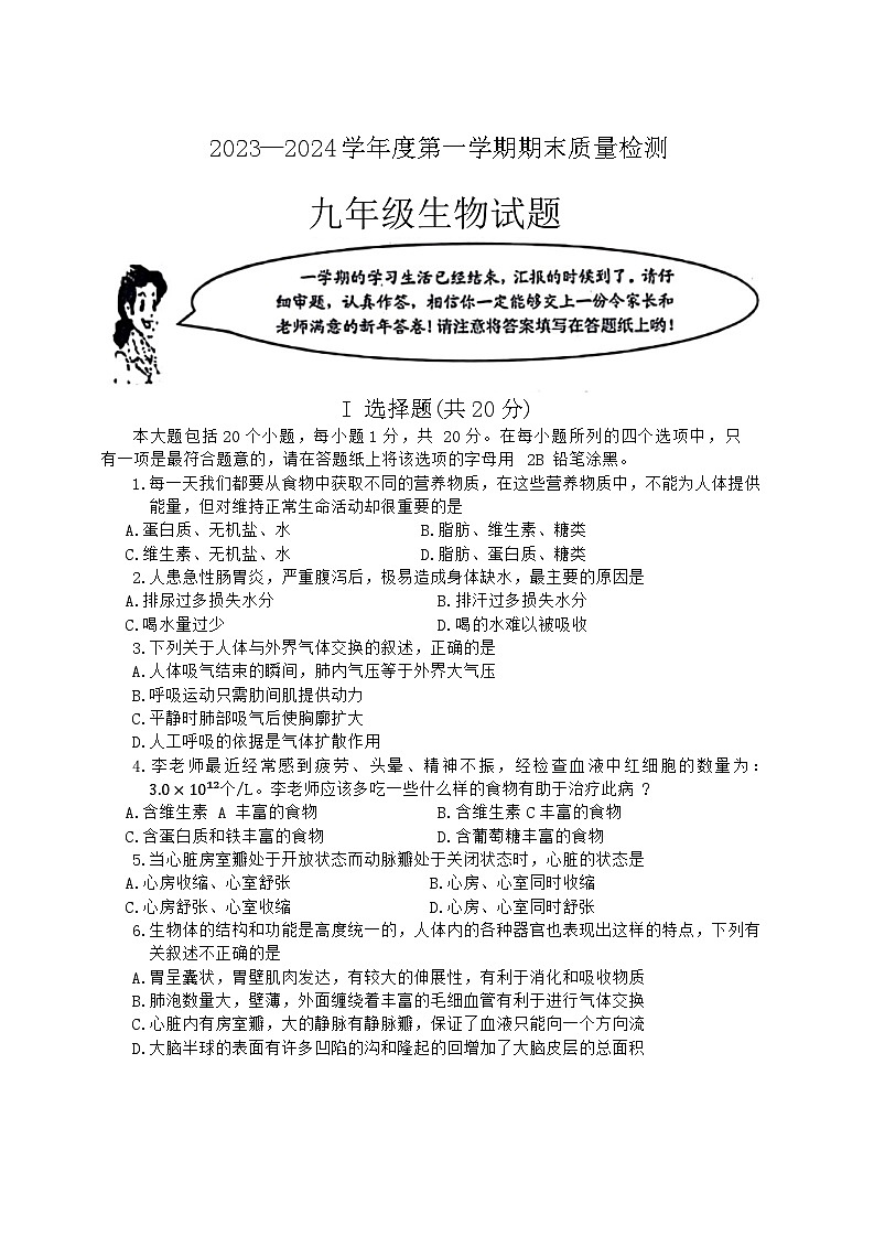 山东省菏泽市鄄城县2023-2024学年九年级上学期期末生物试题01