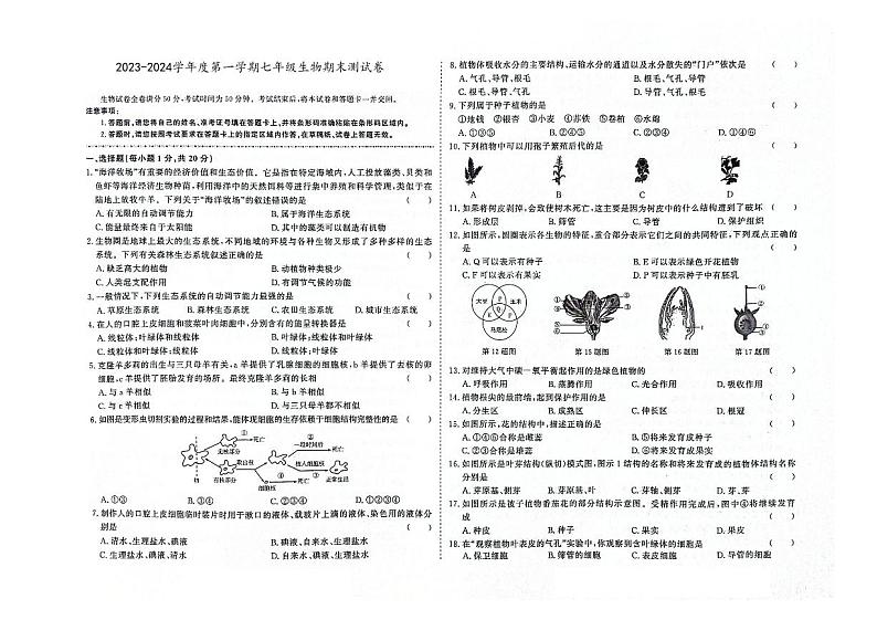 吉林省四平市伊通满族自治县2023-2024学年上学期七年级生物期末试卷（图片版，含答案）01