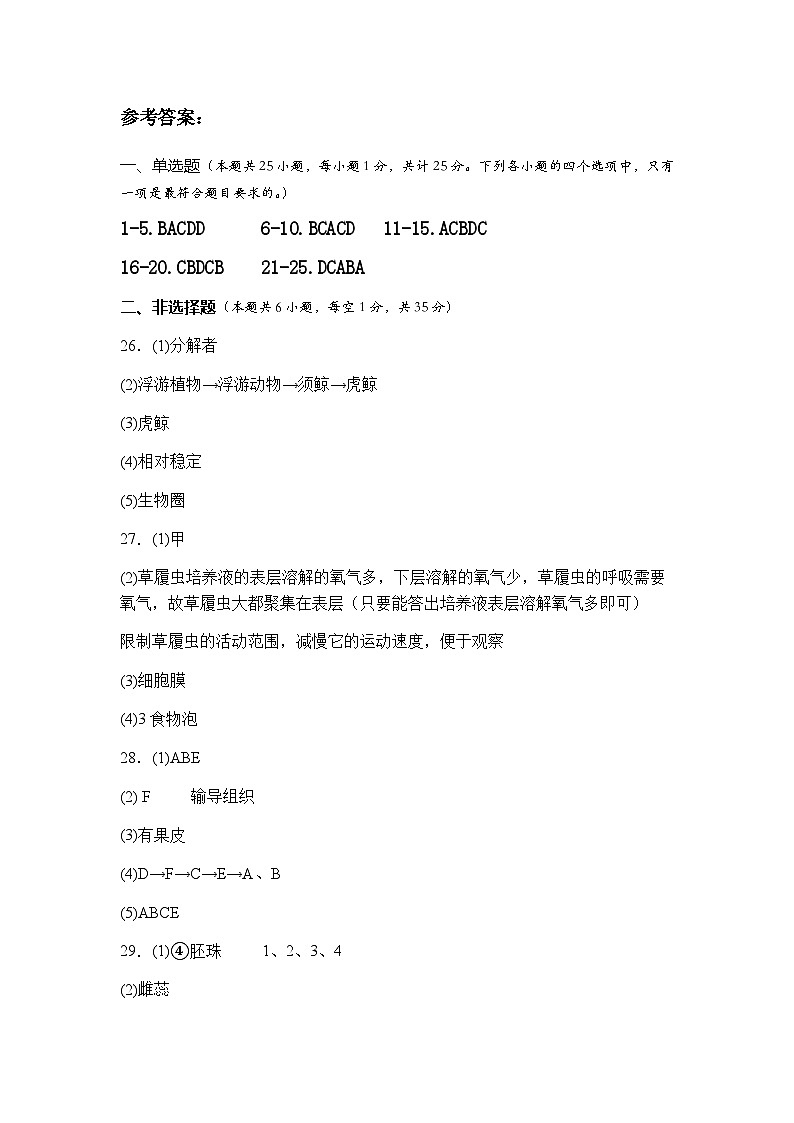 陕西省宝鸡市凤翔区2023-2024学年上学期七年级生物期末试题（图片版，含答案）01