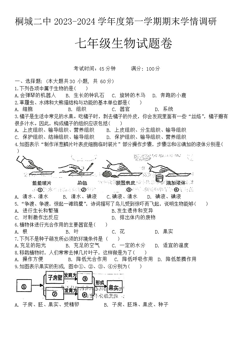 安徽省安庆市桐城市第二中学2023-2024学年七年级上学期期末考试生物试题(1)第1页