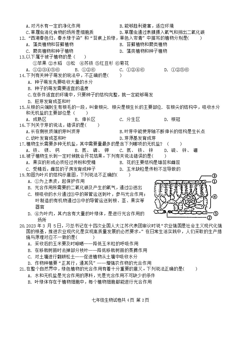 安徽省铜陵市铜官区2023-2024学年七年级上学期期末质量监测生物试卷(1)第2页