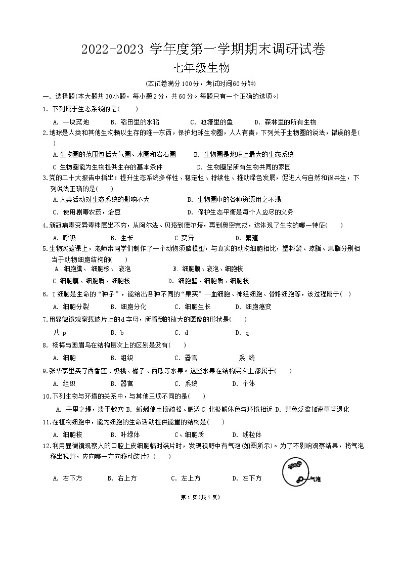 广东省湛江市第二十九中学2022--2023学年七年级上学期期末生物试题01