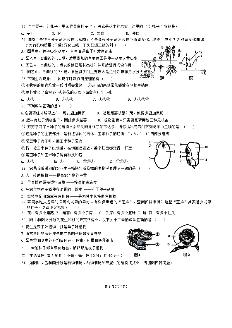 广东省湛江市第二十九中学2022--2023学年七年级上学期期末生物试题03
