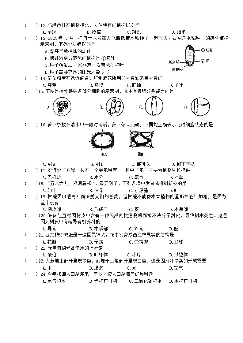 江苏省盐城市康居路初中教育集团2023-2024学年七年级上学期期末生物试题第2页