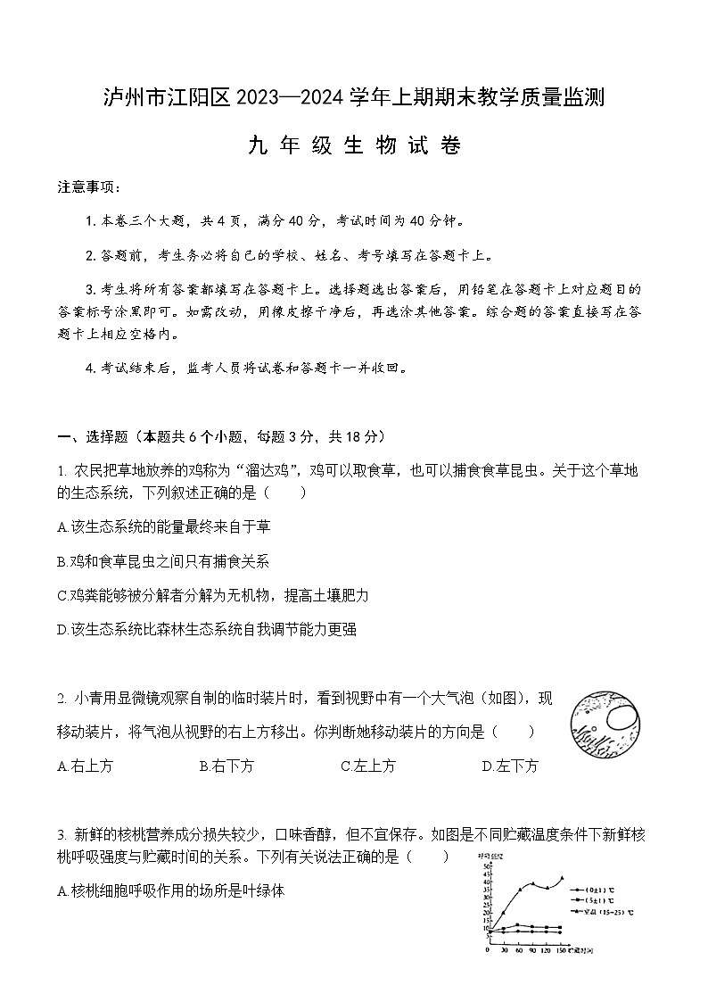 四川省泸州市江阳区2023-2024学年九年级上学期期末考试生物试题（含答案）01