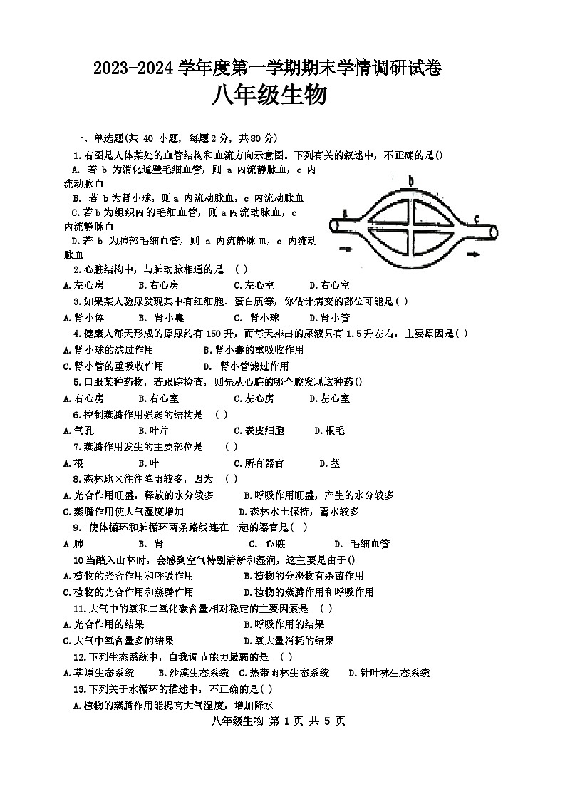 江苏省宿迁市新区教学共同体2023-2024学年八年级上学期期末生物试题(1)第1页
