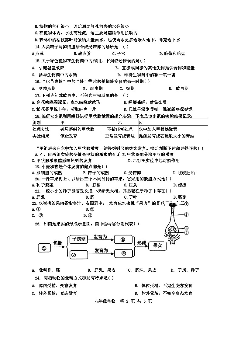 江苏省宿迁市新区教学共同体2023-2024学年八年级上学期期末生物试题(1)第2页