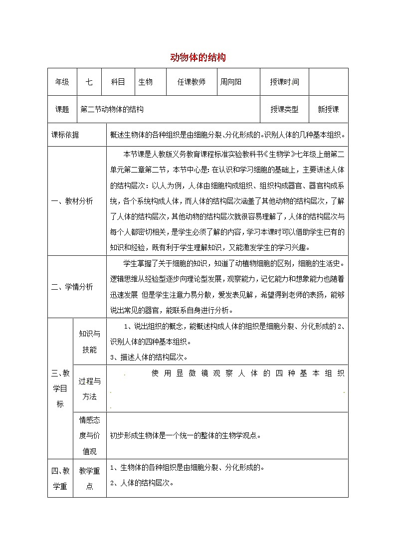 人教版七年级生物上册2.2.2动物体的结构层次教案101