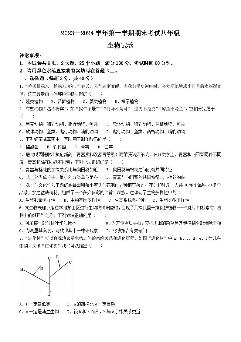 河南省洛阳市嵩县2023-2024学年八年级上学期期末考试生物试题01
