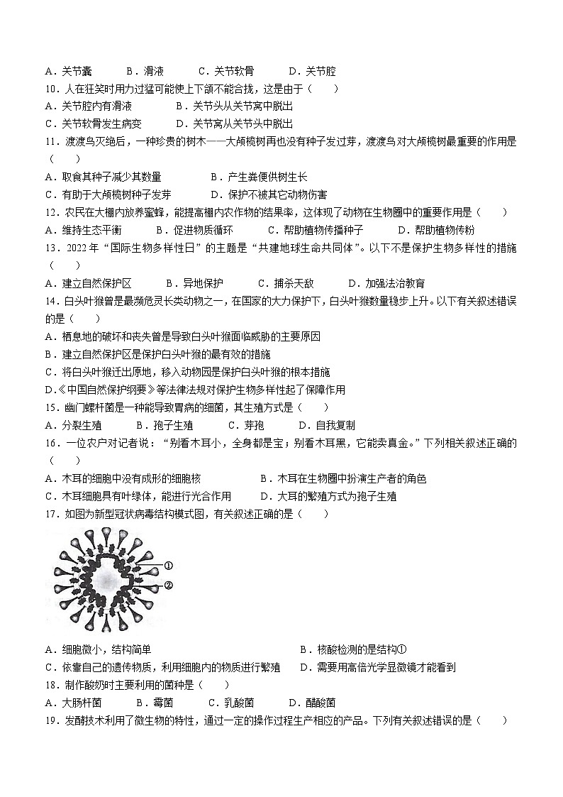 广东省湛江市徐闻县2023—2024学年八年级上学期期末教学调研测试生物试卷第2页