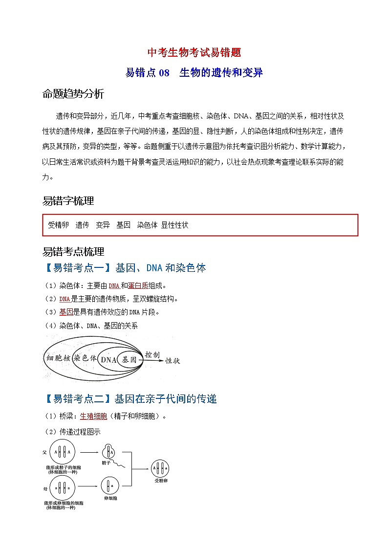 易错点08  生物的遗传和变异-中考生物考试易错题01