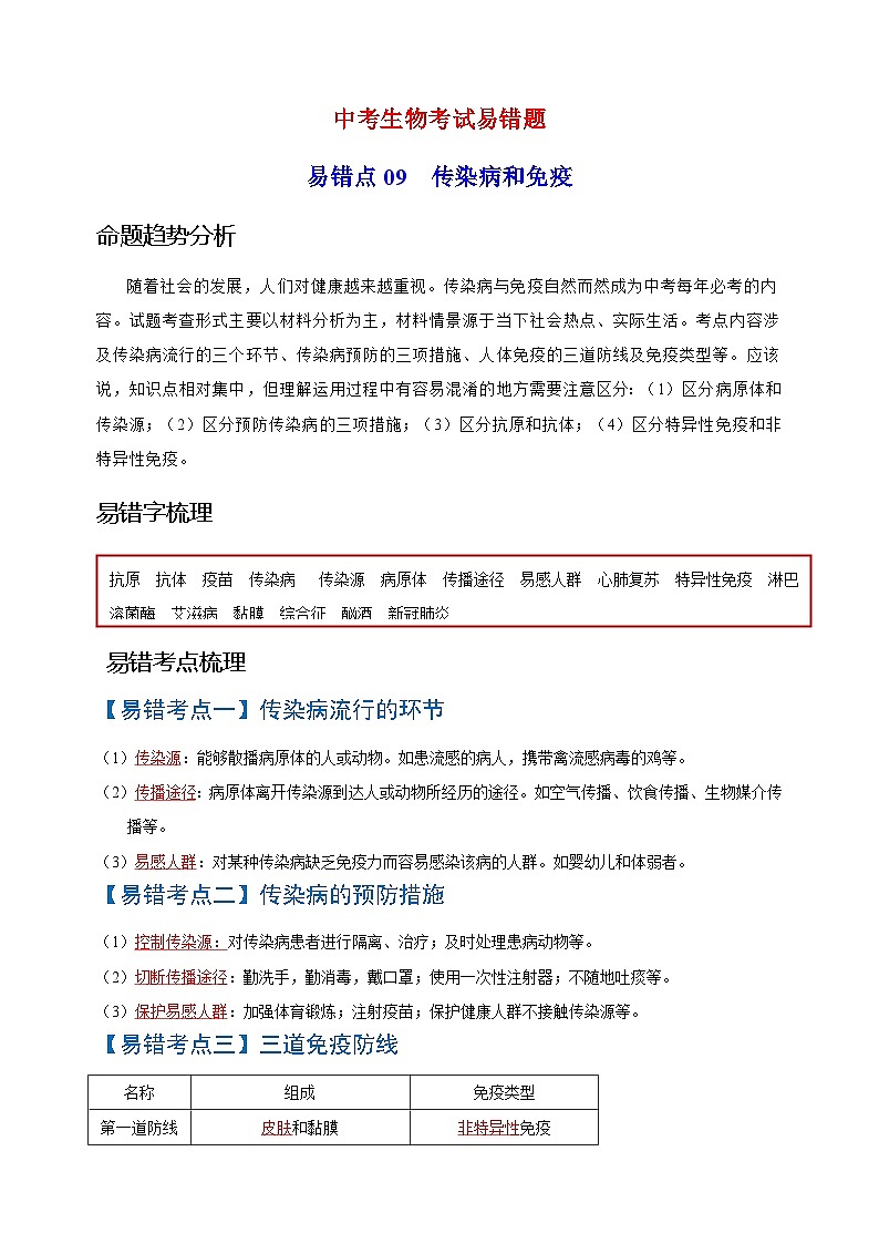 易错点09  传染病和免疫-中考生物考试易错题01