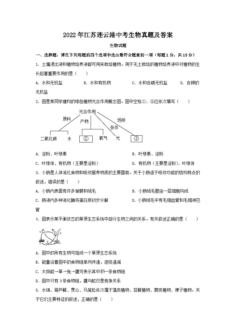 2022年江苏连云港中考生物真题及答案01