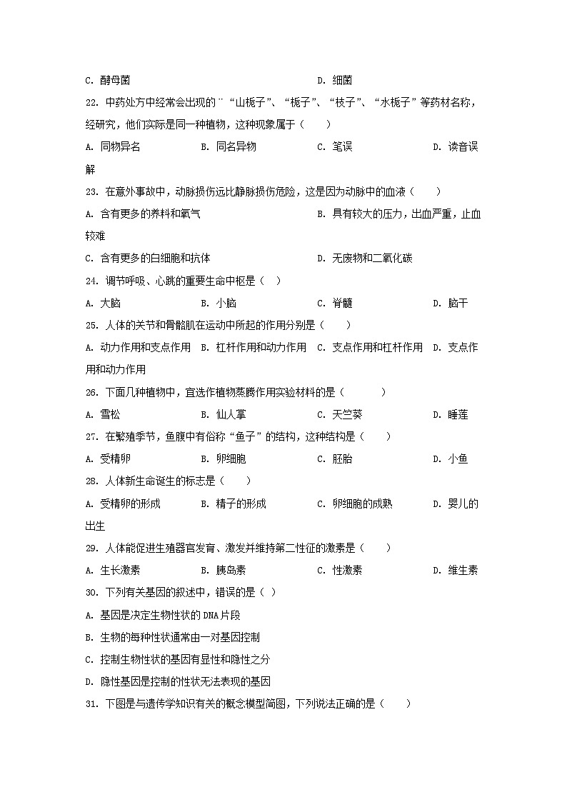 2022年江苏无锡中考生物试题及答案03