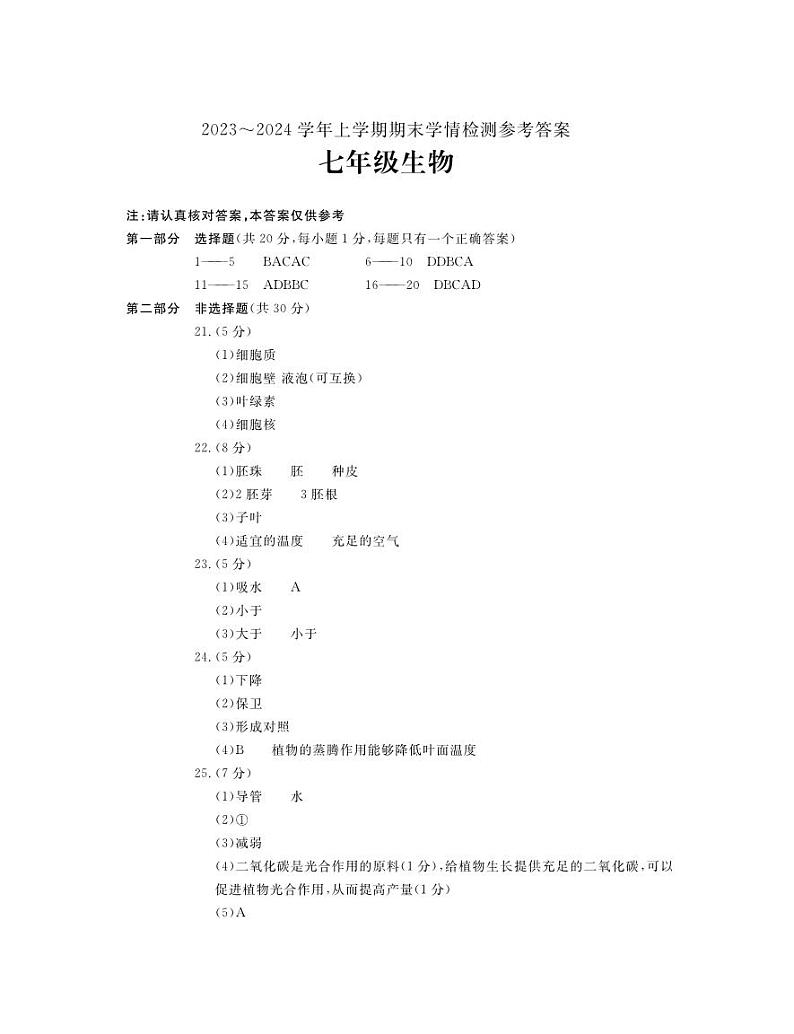 河南省平顶山市郏县2023-2024学年七年级上学期期末学情检测生物+试题01