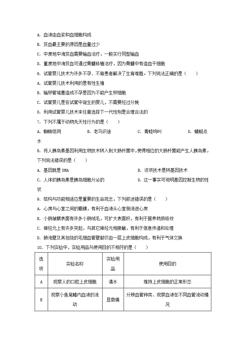 2022年湖南株洲中考生物试题及答案02