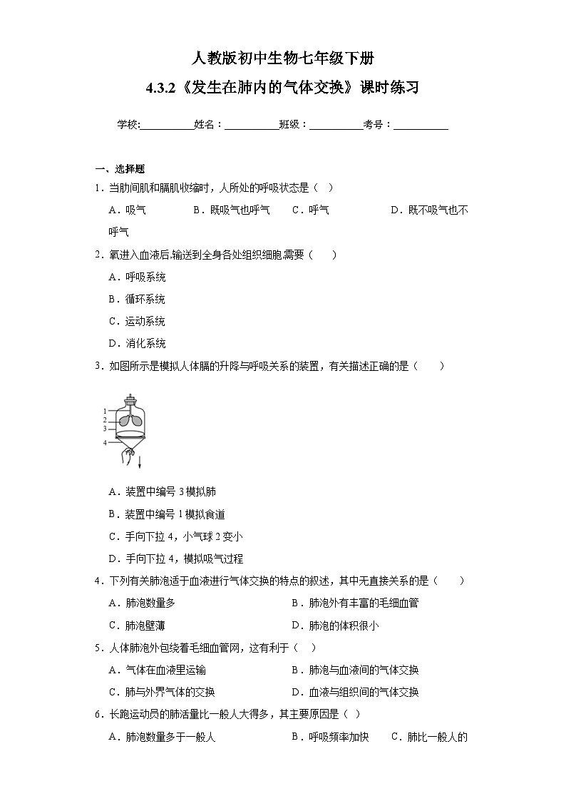 【核心素养】人教版初中生物七年级下册4.3.2《发生在肺内的气体交换》课件＋课时练习＋教案（含教学反思）01