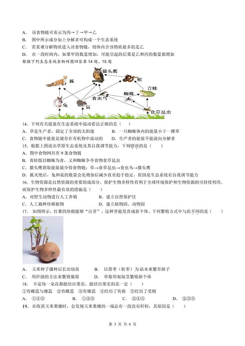 河南省洛阳市汝阳县2023-2024学年八年级上学期期末生物试题03