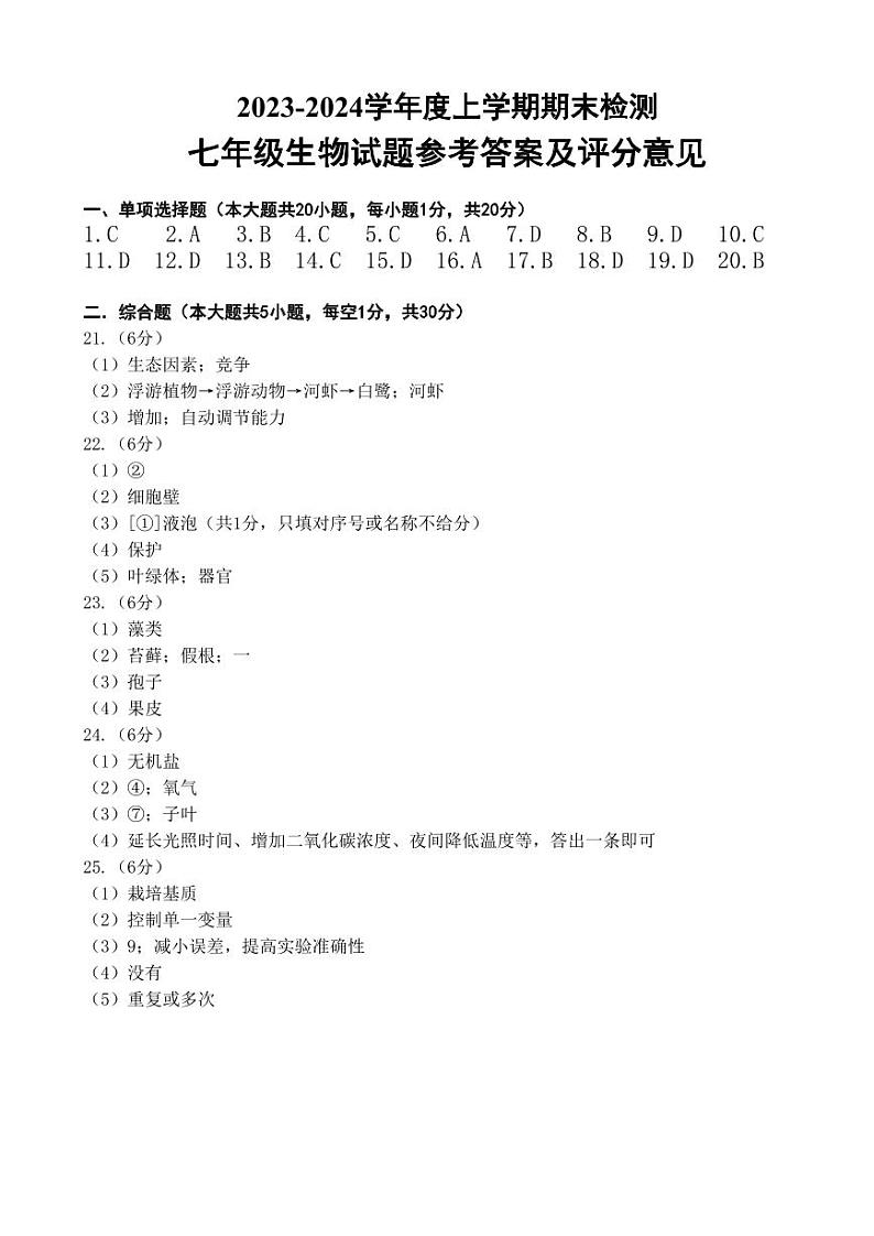 江西省赣州市大余县2023-2024学年七年级上学期期末检测生物试卷01