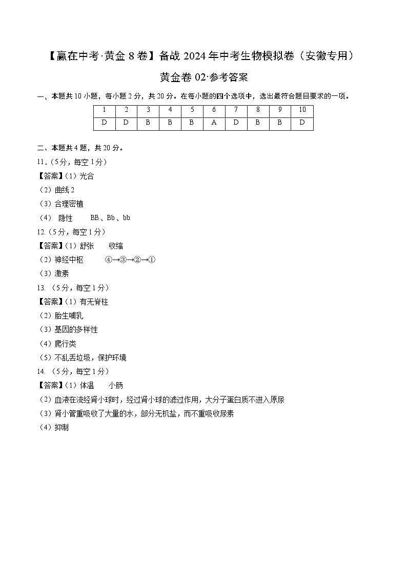 黄金卷02（安徽专用）-【赢在中考•黄金8卷】备战2024年中考生物模拟卷（安徽专用）01