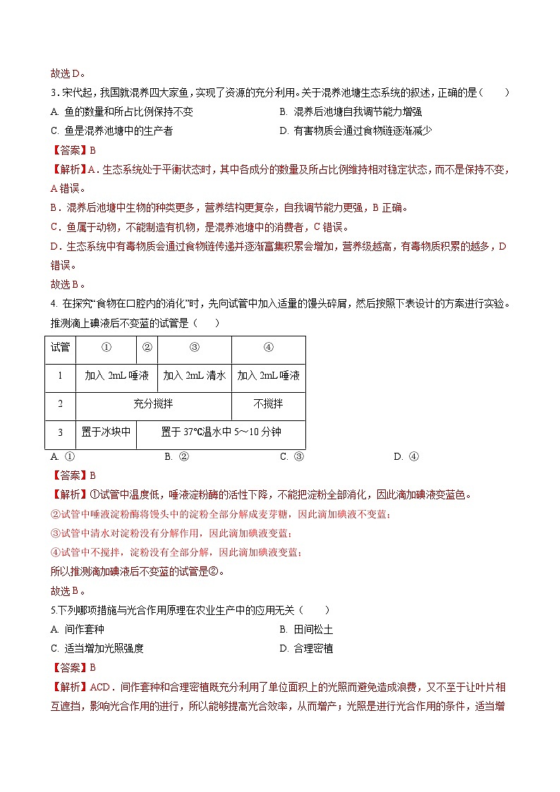 黄金卷02（安徽专用）-【赢在中考•黄金8卷】备战2024年中考生物模拟卷（安徽专用）02