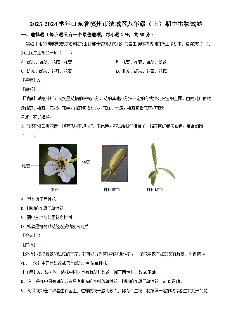20，山东省滨州市滨城区2023-2024学年八年级上学期期中生物试题01
