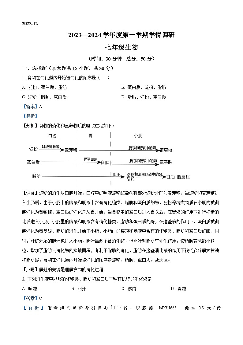 24，江苏省徐州市丰县七校2023-2024学年七年级上学期12月月考生物试题第1页
