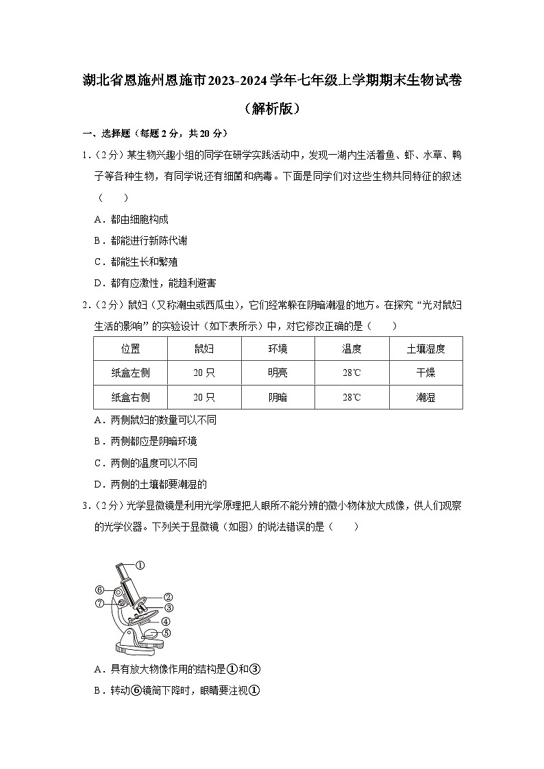 湖北省恩施州恩施市2023-2024学年七年级上学期期末生物试卷第1页