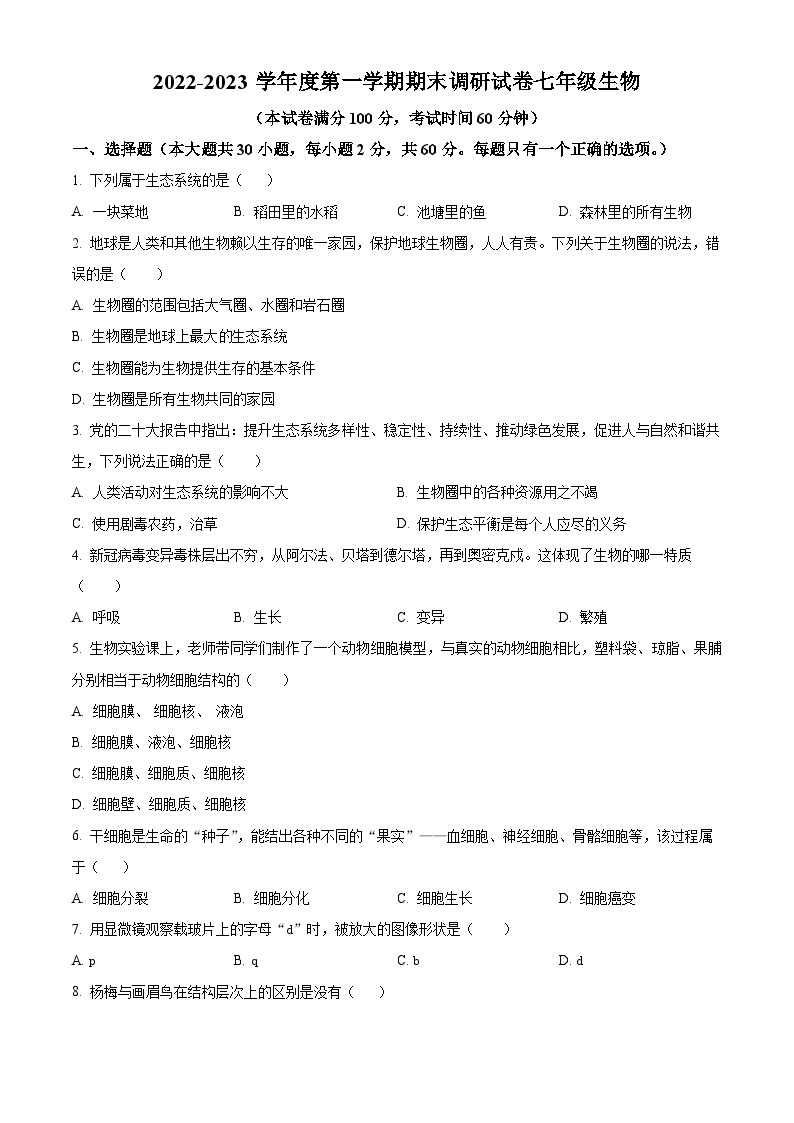 广东省湛江市第二十九中学2022--2023学年七年级上学期期末生物试题（原卷+解析）01